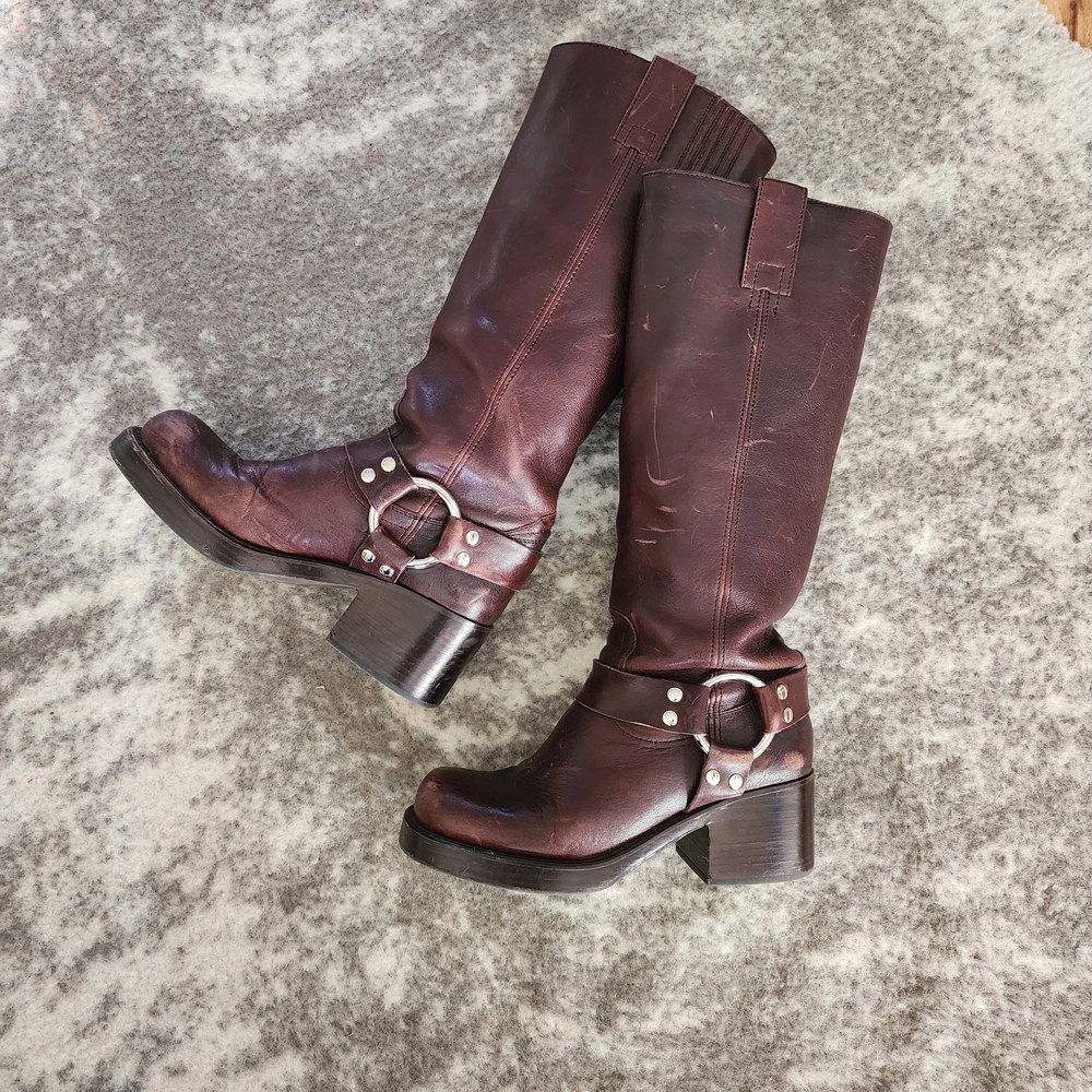 Jeffrey Campbell KATRINA Tall Pull-on Harness Boots, Chocolate Brown Sz 7.5
